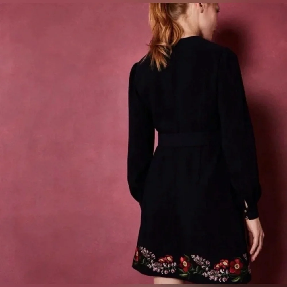 Ted Baker Navy Long Sleeved Dress with Floral Embroidery, Size 10 - Picture 4 of 14